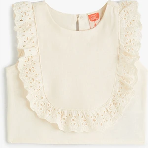 Keten Bluz Kolsuz Yuvarlak Yaka Fırfırlı Fisto Detaylı