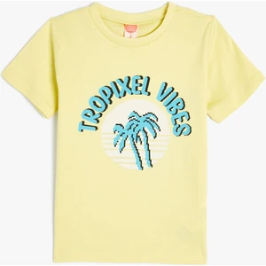 Tişört Tropik Baskılı Kısa Kollu Bisiklet Yaka Pamuklu