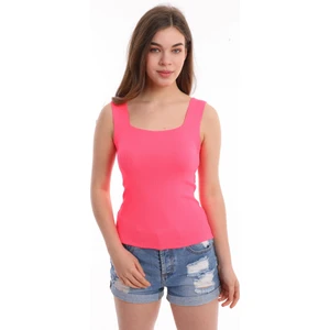 Kadın Neon Pembe Rengi Kare Yaka Askılı Triko Bluz Atlet