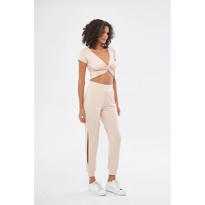 Kadın Bej Yırtmaç Detaylı Beli Lastikli Şalvar Görünümlü Pantolon Joggers - Bella