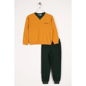 Bisiklet Yaka Uzun Kol Yaka Renk Detaylı Bel Lastikli Hardal Renk Erkek Çocuk Ikılı Takım