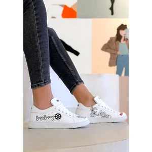 Kadın Vegan Deri Beyaz Sneakers - What's Up Doc? Bugs Bunny Tasarım