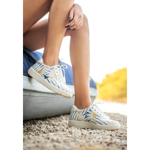 Kadın Vegan Deri Beyaz Sneakers - Daisy Stripes Tasarım