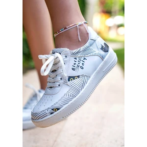 Kadın Vegan Deri Beyaz Sneakers - Black Cats Only Tasarım