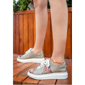 Kadın Vegan Deri Bej Sneakers - Run Little Fox Tasarım
