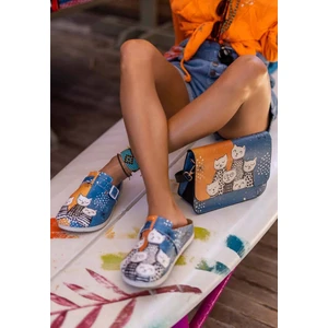 Kadın Vegan Deri Mavi Terlik - Family Portrait Tasarım