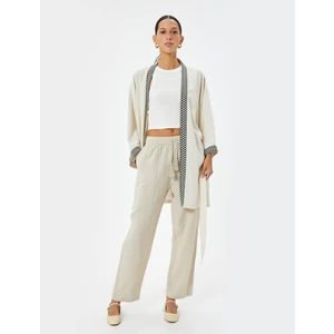 Keten Viskon Karışımlı Oversize Kimono Geniş 3/4 Kol Desenli Kemer Detaylı