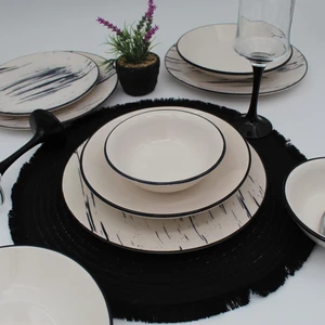 Arna Porselen Anka 48 Parça 12 Kişilik Siyah Desenli Yuvarlak Seramik Yemek Takımı, Mikrodalga ve Bulaşık Makinesine Uygun