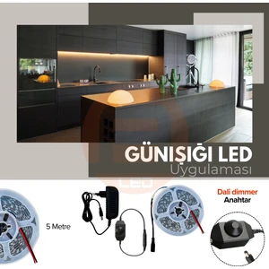 Amber LED 12V Yüksek Parlaklık 4040 Şerit LED Tak Çalıştır Hazır Set, 5 Metre Günışığı, Dali Dimmer Aç-Kapa Anahtar ve Adaptör Dahil, Gizli Aydınlatma, Mutfak, Tezgah, Dolap İçi ve Ayna İçin