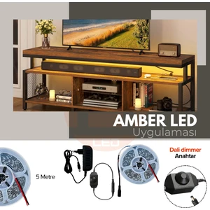 Amber LED 12V Yüksek Parlaklık 4040 Şerit LED Tak Çalıştır Hazır Set, 5 Metre Amber, Dali Dimmer Aç-Kapa Anahtar ve Adaptör Dahil, Gizli Aydınlatma, Mutfak, Tezgah, Dolap İçi ve Ayna İçin