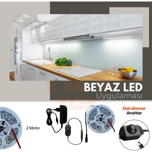Amber LED 12V Yüksek Parlaklık 4040 Şerit LED Tak Çalıştır Hazır Set, 2 Metre Beyaz, Dali Dimmer Aç-Kapa Anahtar ve Adaptör Dahil, Gizli Aydınlatma, Mutfak, Tezgah, Dolap İçi ve Ayna İçin
