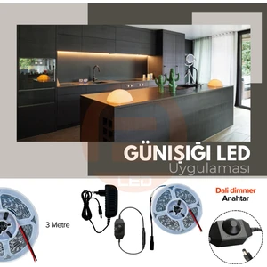 Amber LED 12V Yüksek Parlaklık 4040 Şerit LED Tak Çalıştır Hazır Set, 3 Metre Günışığı, Dali Dimmer Aç-Kapa Anahtar ve Adaptör Dahil, Gizli Aydınlatma, Mutfak, Tezgah, Dolap İçi ve Ayna İçin