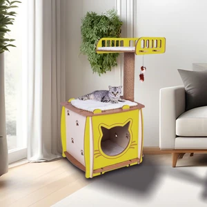Patihomes Kedi Evi ve Kedi Tırmalama Yataklı Sarı