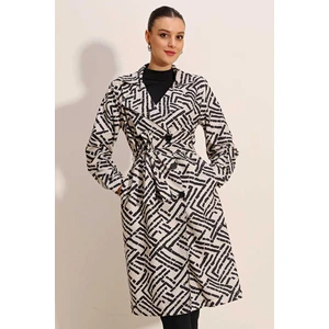 5853 Desenli Kruvaze Yaka Trençkot - C.beyaz