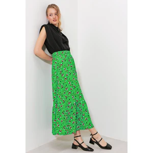 Kadın Yeşil Çiçek Desenli Uzun Örme Etek 1886