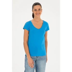 U.S. Polo Assn. Kadın Saks V Yaka Basic Tişört 50280068-VR045