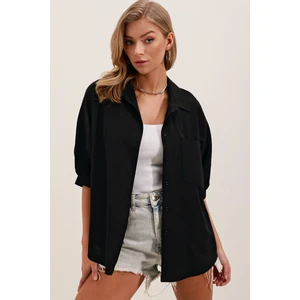 20213 Oversize Kısa Kol Basic Gömlek - Siyah