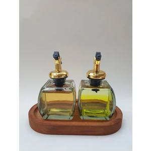 Pıtrak Store Ahşap Stantlı Şeffaf 2'li 150ML Zeytinyağı Sosluk Yağlık Yağdanlık Gold Başlık