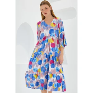 Kadın Mavi Kırmızı Desenli Kısa Kol Viskon Elbise 1959