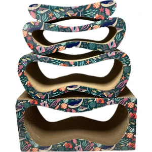 Lazy Paws Karton Kedi Tırmalama Kanepesi 4'lü Set - Small - Medium - Large & X-Large - Okyanus Desen