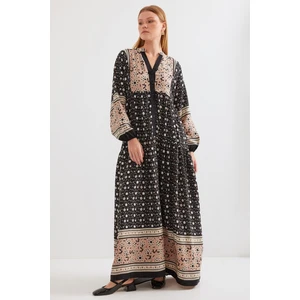 2423 Otantik Desenli Elbise - Siyah - Hardal