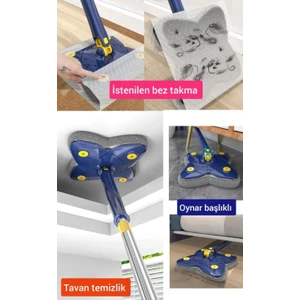 Yedek Bezli Dörtgen Kendinden Sıkmalı Deterjan Hazneli Mop Paspas Temizlik Seti Yer Duvar Silme Mop