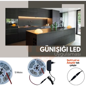 Amber LED 5 Metre Günışığı Şerit LED Jaklı 3 Dirençli İç Mekan Tak Çalıştır Adaptör Dahil 12V IP20 Yeni Nesil Yüksek Lümen, Tezgah, Dolap, Mutfak, Ayna Aydınlatma İçin