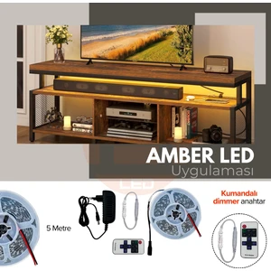 Amber LED 12V Yüksek Parlaklık 4040 Şerit LED Tak Çalıştır Hazır Set, 5 Metre Amber, Kumandalı Aç-Kapa Dimmer ve Adaptör Dahil, Gizli Aydınlatma, Mutfak, Tezgah, Dolap İçi ve Ayna İçin