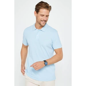 Erkek Slim Fit Dar Kesim Pamuklu Yumuşak Dokulu Serin Tutan Kumaş Düz Pike Mavi Polo Yaka Tişört