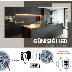 Amber LED 12V Yüksek Parlaklık 4040 Şerit LED Tak Çalıştır Hazır Set, 5 Metre Günışığı, Kumandalı Aç-Kapa Dimmer ve Adaptör Dahil, Gizli Aydınlatma, Mutfak, Tezgah, Dolap İçi ve Ayna İçin