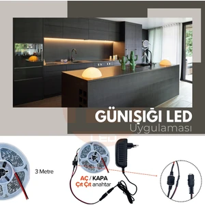 Amber LED 12V Yüksek Parlaklık 4040 Şerit LED Tak Çalıştır Hazır Set, 3 Metre Günışığı, Çıt Çıt Aç-Kapa Anahtar ve Adaptör Dahil, Gizli Aydınlatma, Mutfak, Tezgah, Dolap İçi ve Ayna İçin