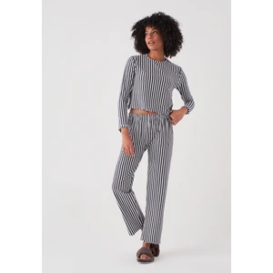 Çizgili Uzun Kollu Pijama Takım - Lacivert