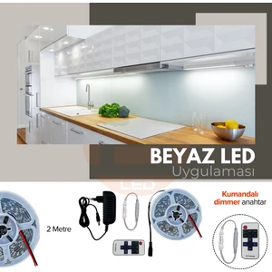 Amber LED 12V Yüksek Parlaklık 4040 Şerit LED Tak Çalıştır Hazır Set, 2 Metre Beyaz, Kumandalı Aç-Kapa Dimmer ve Adaptör Dahil, Gizli Aydınlatma, Mutfak, Tezgah, Dolap İçi ve Ayna İçin