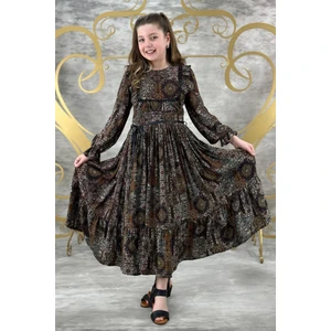 Kız Çocuk Göğsü Fırfırlı Bileği Manşetli Halı Desenli Kahverengi Elbise