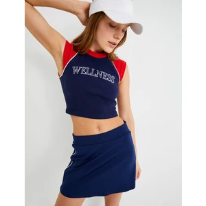 Spor Kolsuz Crop Tişört Renk Bloklu Yuvarlak Yaka Baskılı Ribanalı Slim Fit