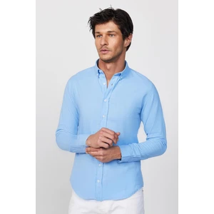 Slim Fit Uzun Kollu Biyeli Yaka Düğmeli Keten Mavi Erkek Gömlek