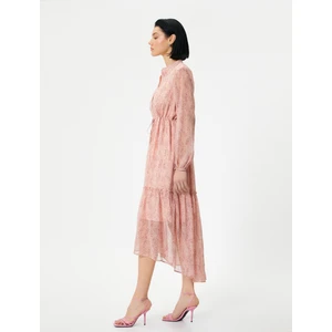 Midi Şifon Elbise Asimetrik Kesim Beli Bağlamalı Düğmeli