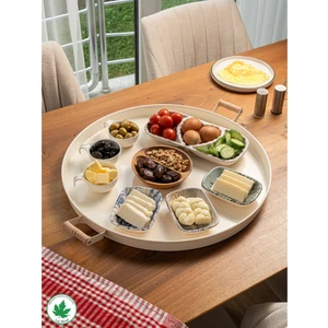Lin Metal Ahşap Kulplu Yuvarlak Metal Servis Tepsisi 51 Cm, Kahve Tepsisi, Sunum Tepsisi