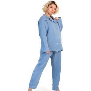 Kadın Müslin Pijama Takımı Düğmeli Yakalı Pijama
