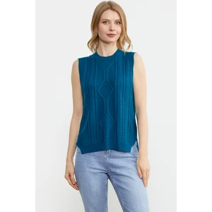 Arkası Uzun Motifli Triko Süveter - Koyu Turkuaz