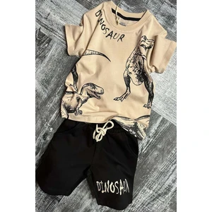 Erkek Çocuk Dinosaur Yazı ve Görsel Baskılı Suprem Bej Tişört Şortlu Takım