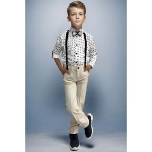 Erkek Çocuk Desenli Gömlek, Papyon ve Askılı Krem Pantolon Alt Üst Takım