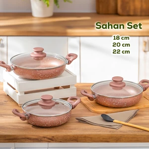 Esra 3 Lü Granit Sahan Seti - 6 Parça Cam Kapaklı Çift Kulplu Omlet Sahan Takımı - Rose