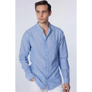 Slim Fit Uzun Kollu Dar Kalıp Hakim Yaka Çizgili Yazlık Keten Doku Erkek Gömlek
