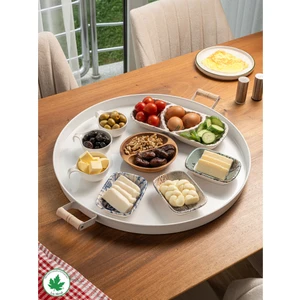 Lin Metal Ahşap Kulplu Yuvarlak Metal Servis Tepsisi 51 Cm, Kahve Tepsisi, Sunum Tepsisi