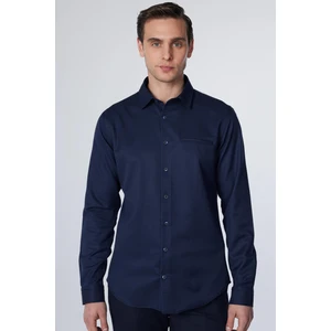 Slim Fit Uzun Kollu Dar Kesim Fleto Tek Cep Armürlü Pamuklu Lacivert Erkek Gömlek