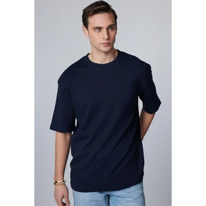 Oversize Geniş Kesim Pamuklu Yumuşak Dokulu Basic Bisiklet Yaka Lacivert Tişört