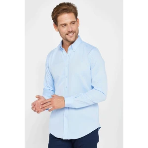 Erkek Slim Fit Dar Kesim Uzun Kollu Pamuklu Oxford Doku Kolay Ütü Mavi Düğmeli Yaka Gömlek