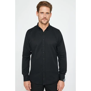 Slim Fit Uzun Kollu Dar Kesim Düğmeli Yaka Pamuklu Düz Oxford Siyah Erkek Gömlek