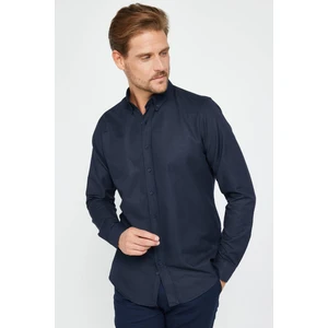 Slim Fit Uzun Kollu Dar Kesim Düğmeli Yaka Pamuklu Düz Oxford Lacivert Erkek Gömlek